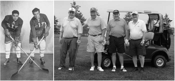 Left: Defense partners Andy Geracimo (L) and Russ Jewell in 1958. Right: Teammates, Russ Jewell, Andy Geracimo, Bryan Webber and Don Taylor at the 2009 RRHA Golf tournament.