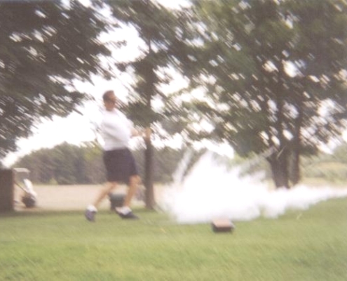 Anthony Miele falls victim to the old exploding golf ball prank